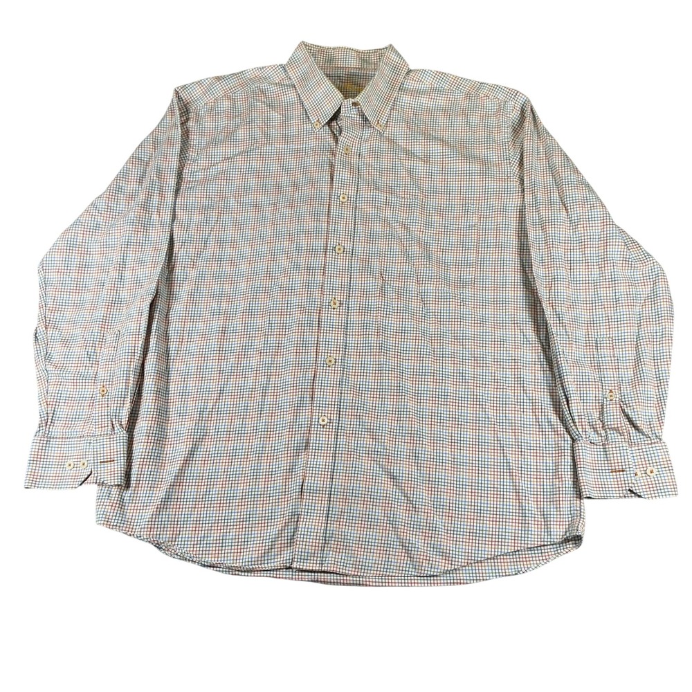 Alan Flusser Mens XL Tattersall Plaid Button Down‎ Shirt 100% Cotton Long Sleeve